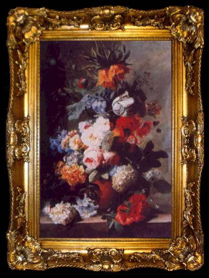 framed  Jan van Huysum Still Life of Flowers in a Vase on a Marble Ledge, ta009-2